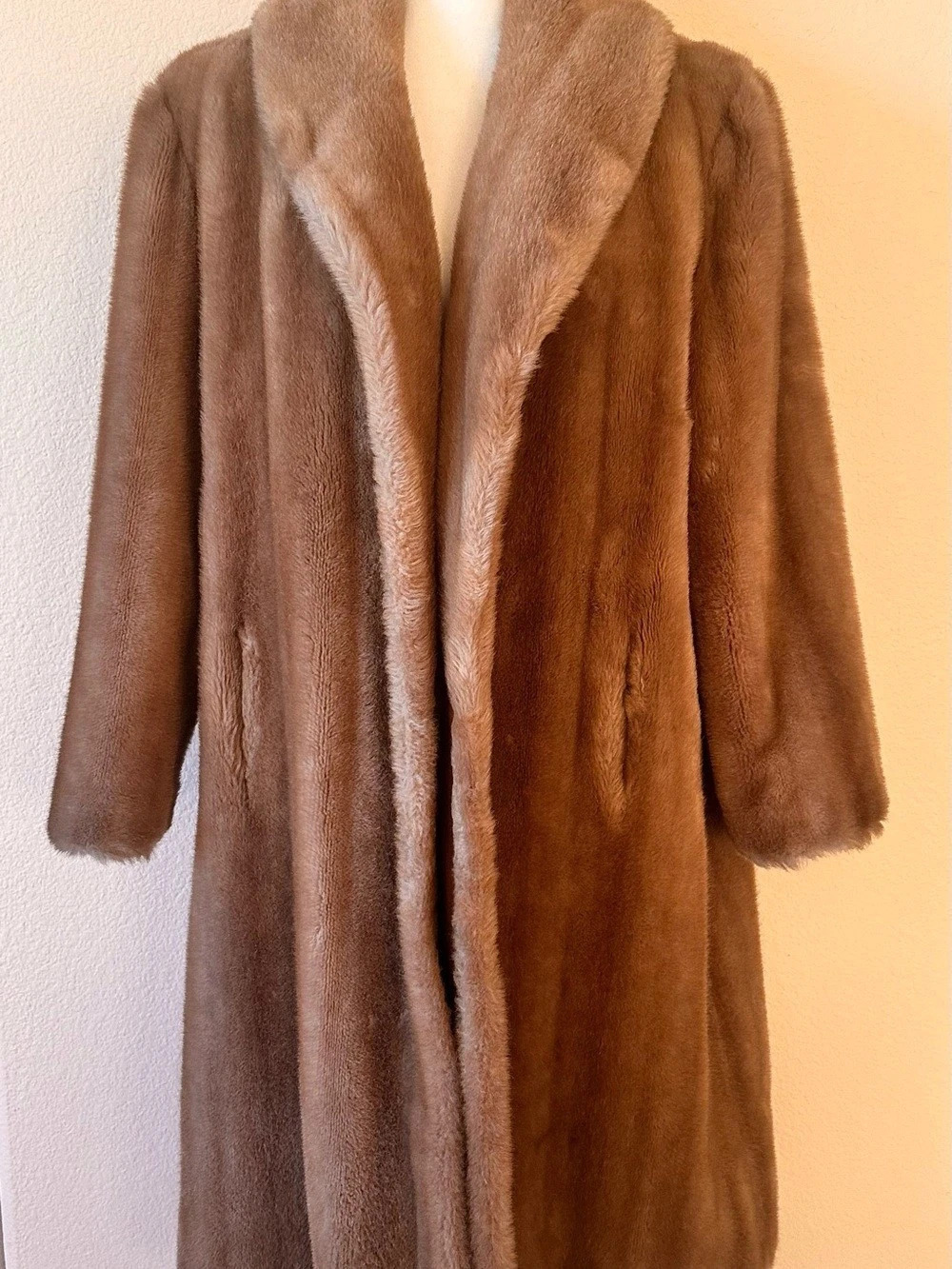 Vintage 70s Sears Best Faux Fur Coat Tissavel France Long Brown Shawl Collar M/L
